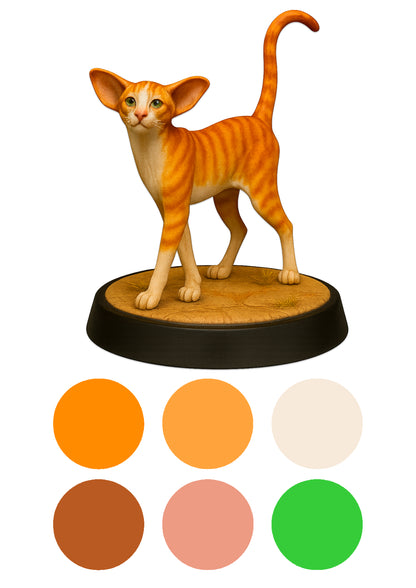 Cat figurine on a round base with color swatches below