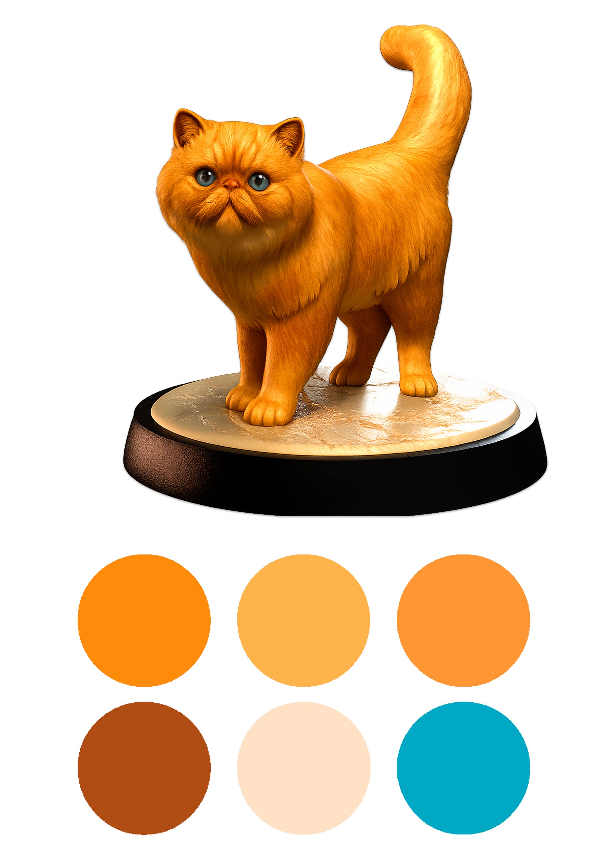 Orange cat figurine on a white background with color swatches below.