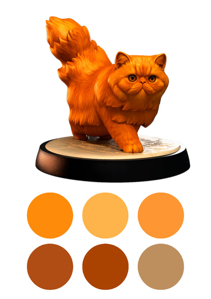 Orange cat figurine on a white background with color swatches below.