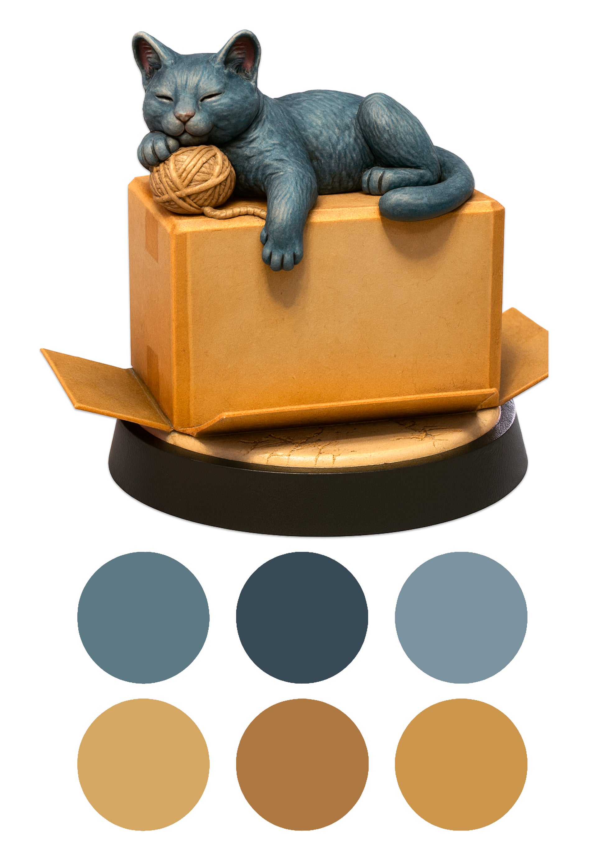 Cat figurine on a box with color swatches below