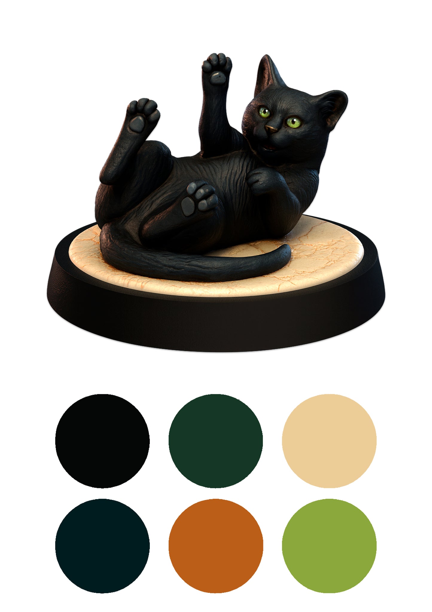 Black cat figurine on a wooden base with color swatches below