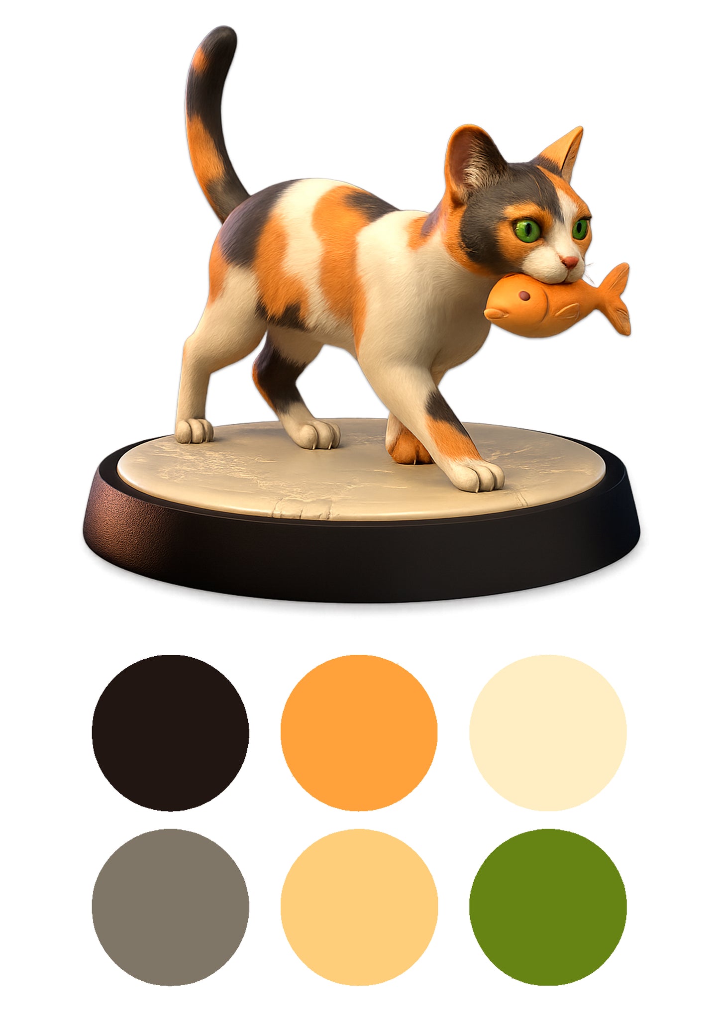 Cat figurine holding a fish on a wooden base with color swatches below.