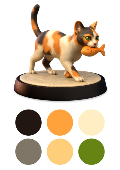 Cat figurine holding a fish on a wooden base with color swatches below.