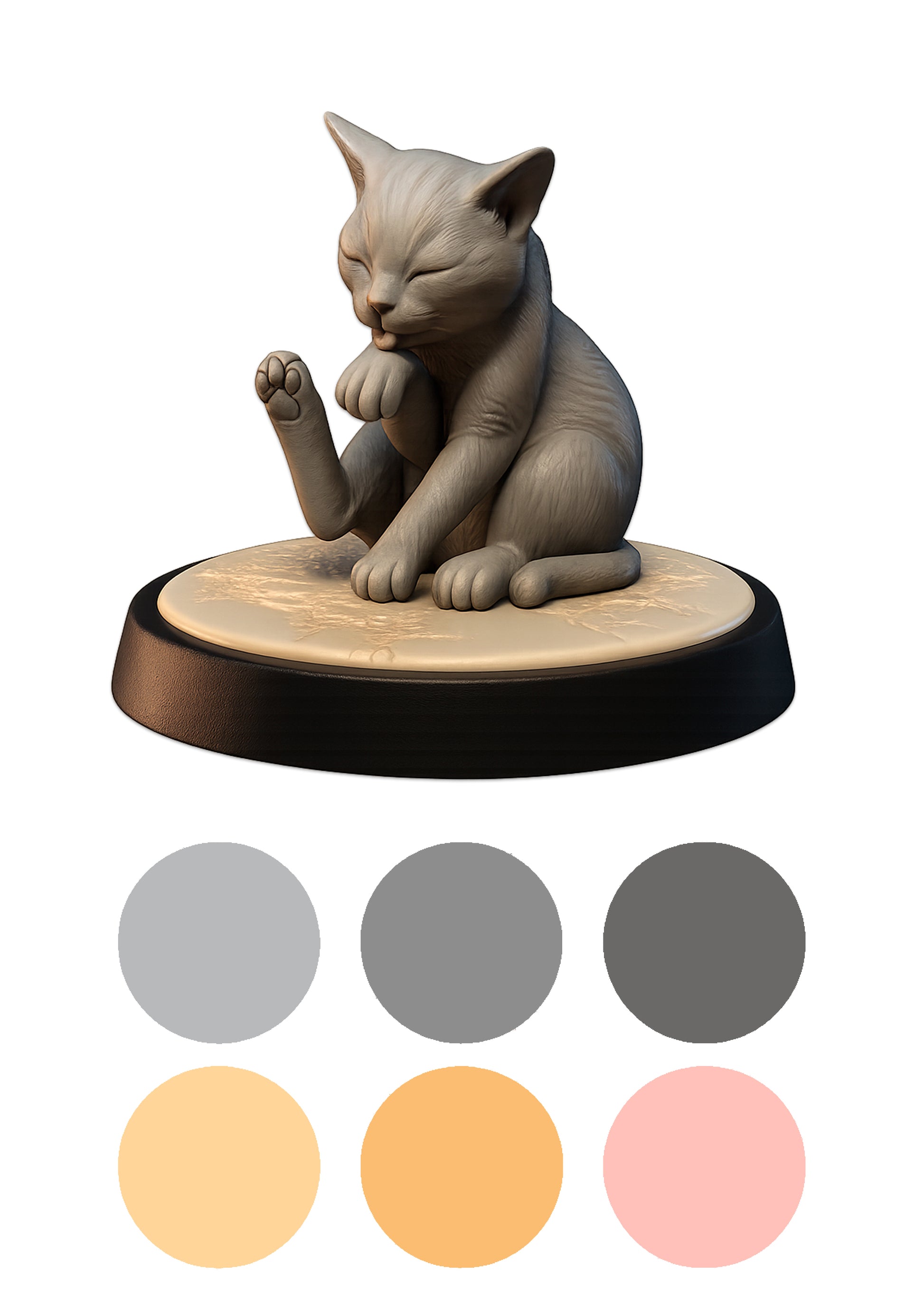 Cat figurine on a wooden base with color swatches below