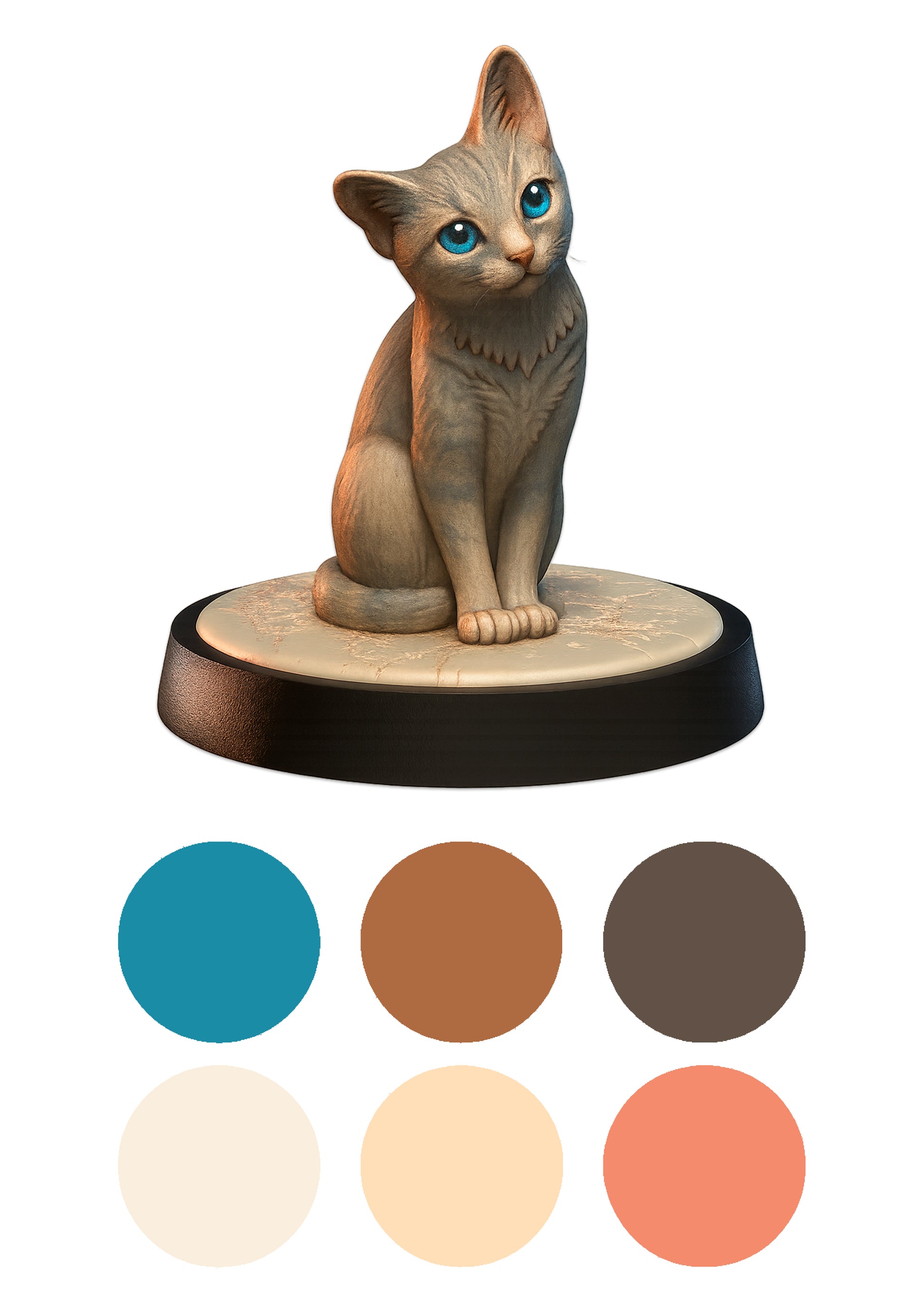 Cat figurine on a wooden base with color swatches below