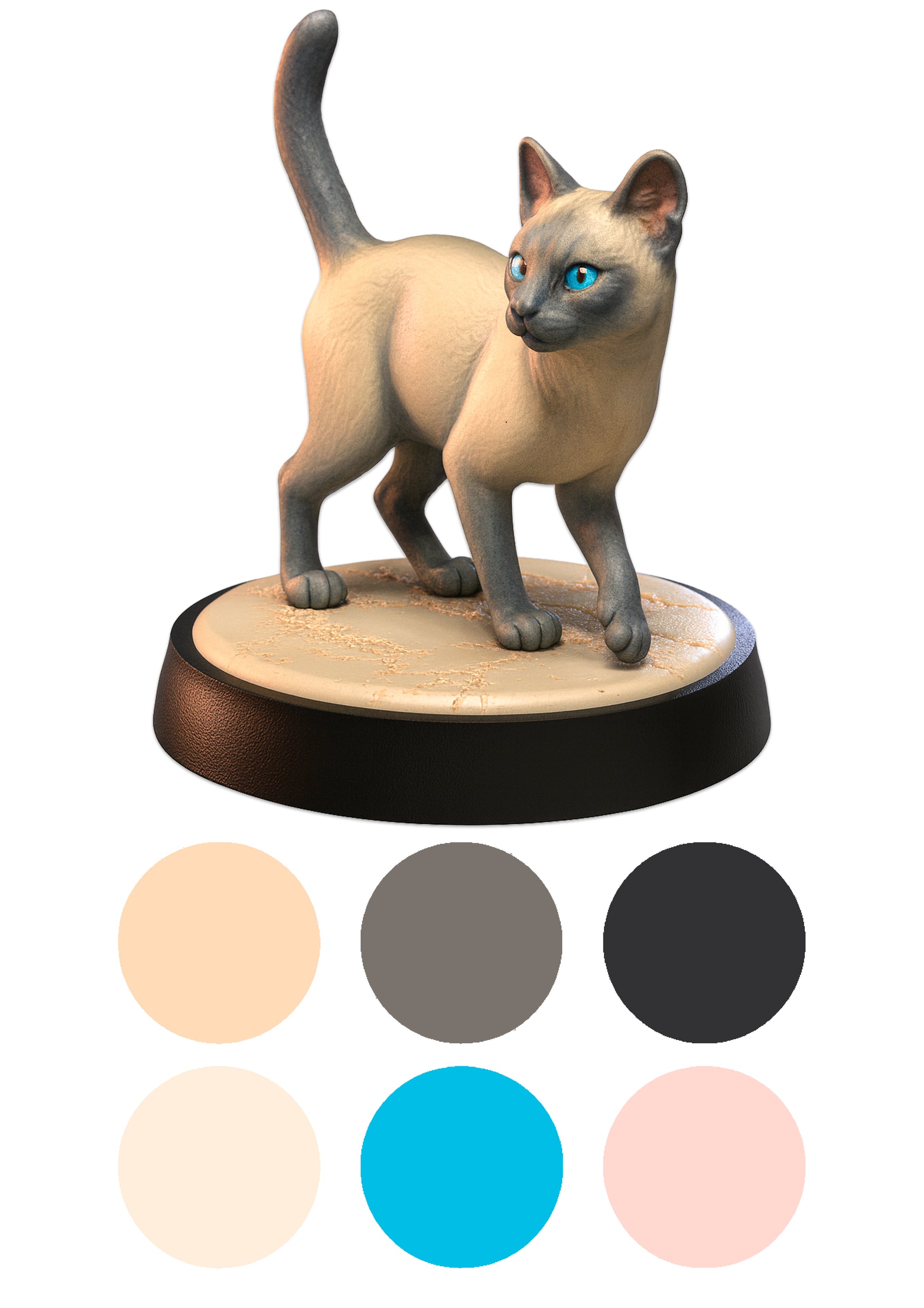 Cat figurine on a wooden base with color swatches below