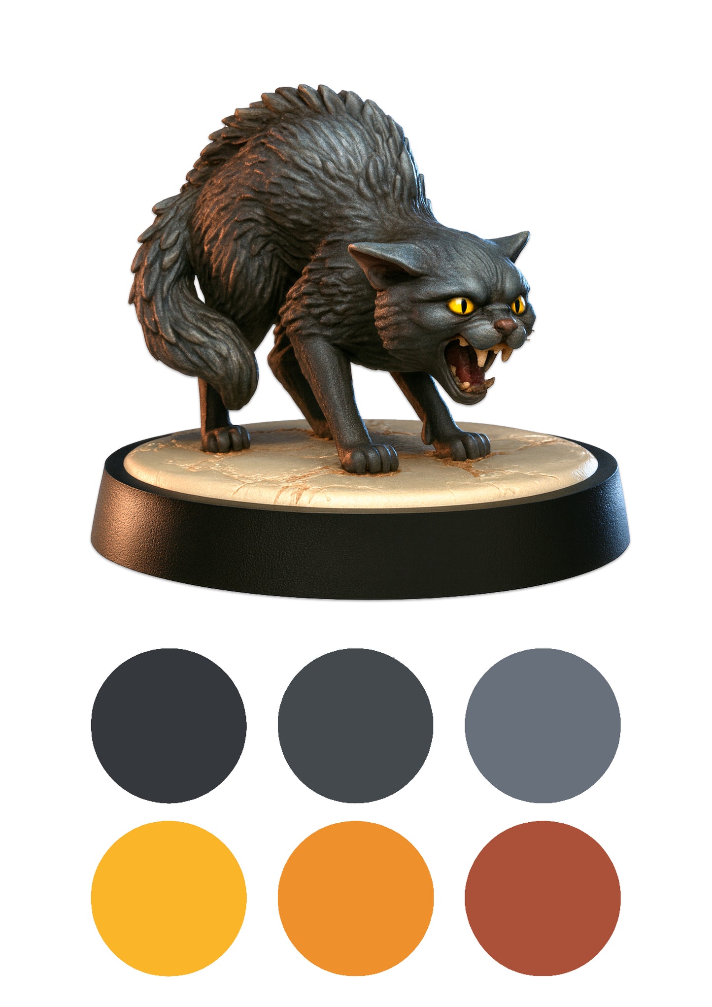 Statue of a fierce-looking cat on a white background with color swatches below.