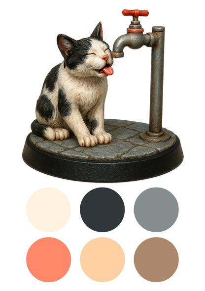 a cat drinking from a ta on a stone floor on a black base and a white background with swatches underneath