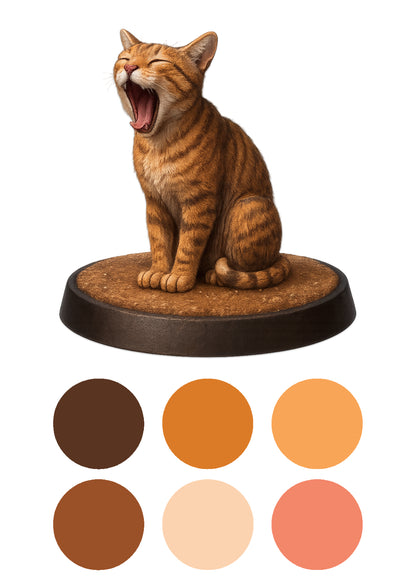 yawning cat on a carpet base with colour swatches underneath on a white background