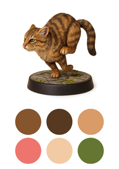 cat running on a stone base with a white background and colour swatches underneath