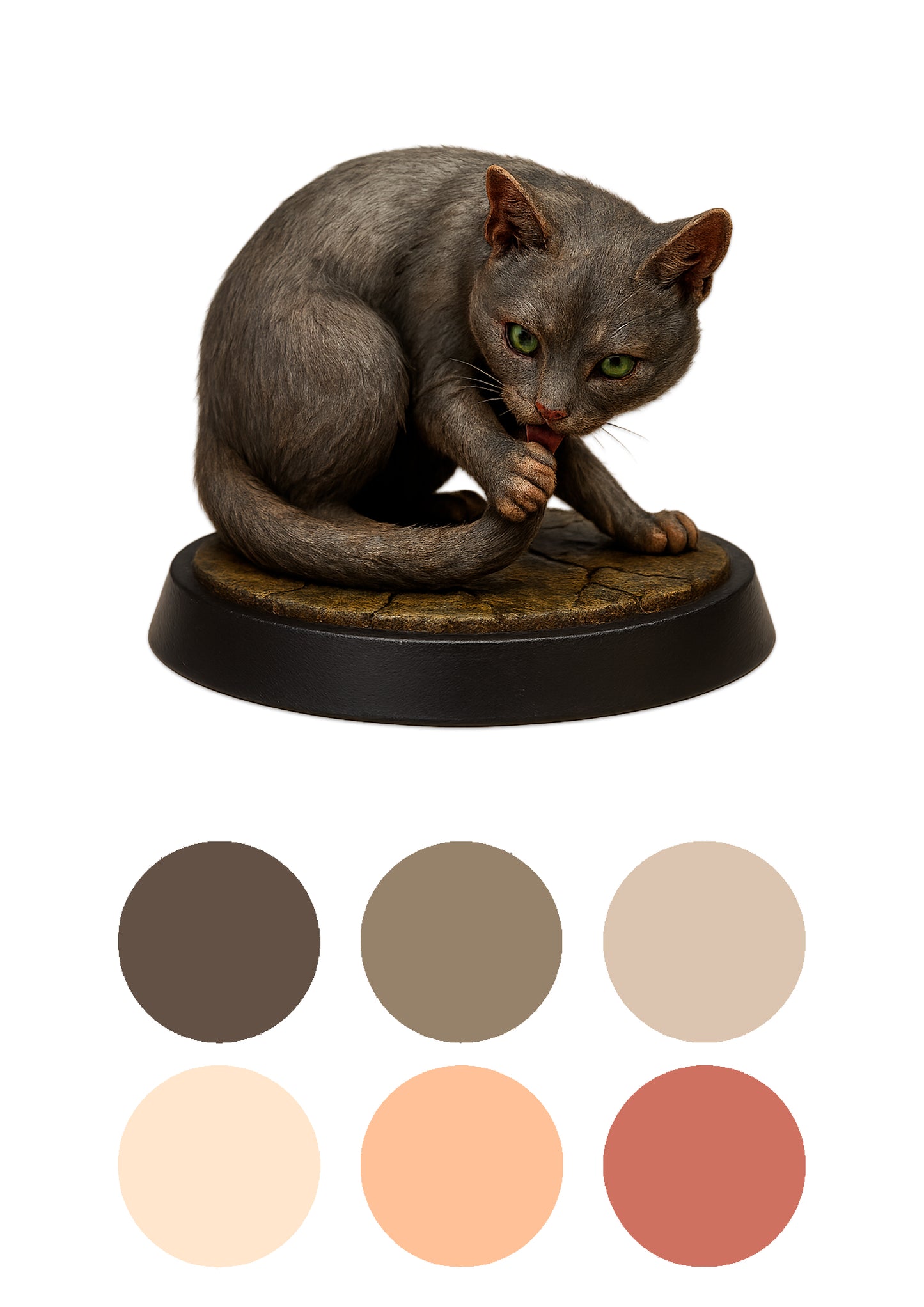 cat licking its tail on a cobble stone floor witha white background and colour swatches underneath