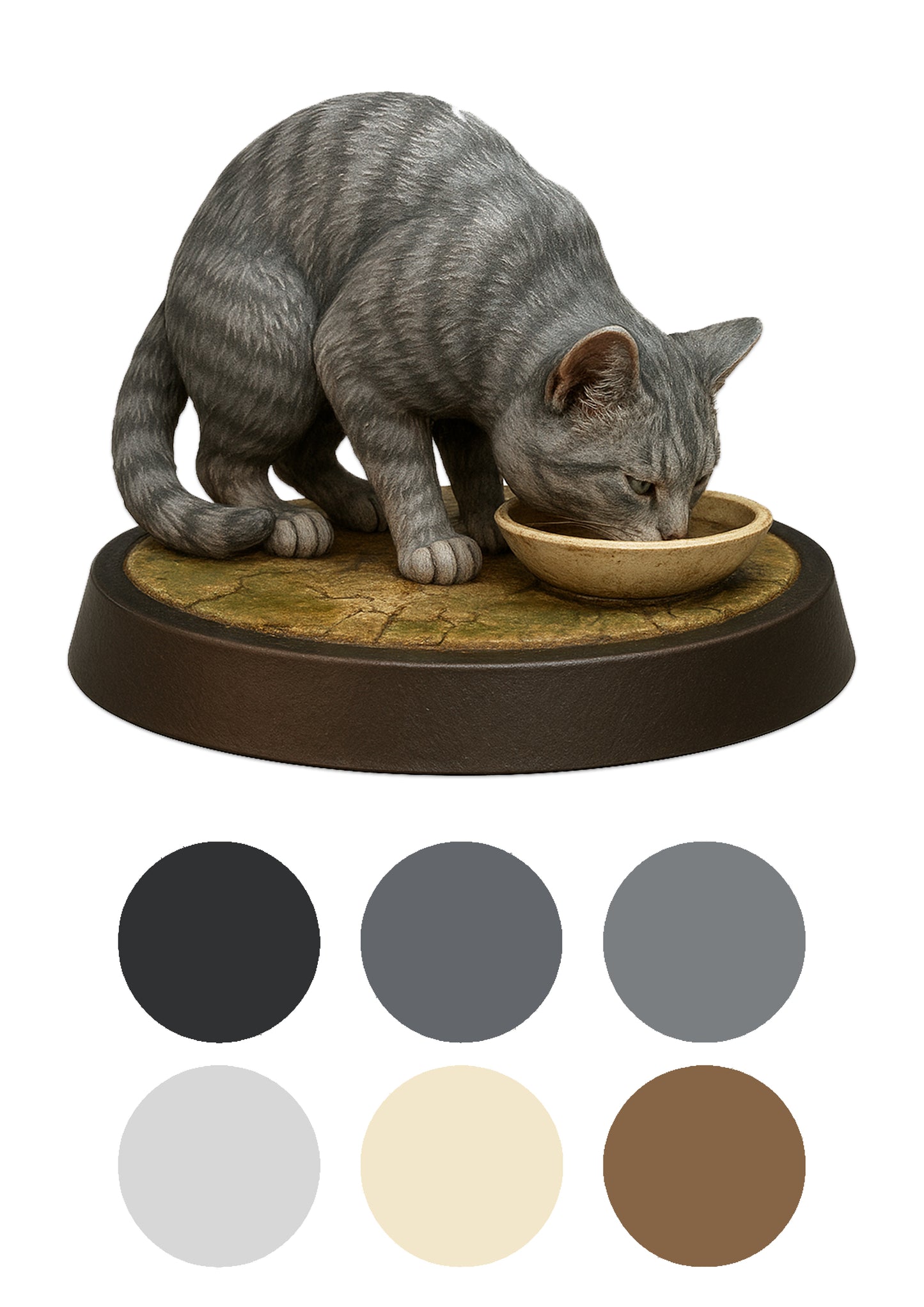 cat drinking out of a saucer on a base and a white background with colour swatches underneath