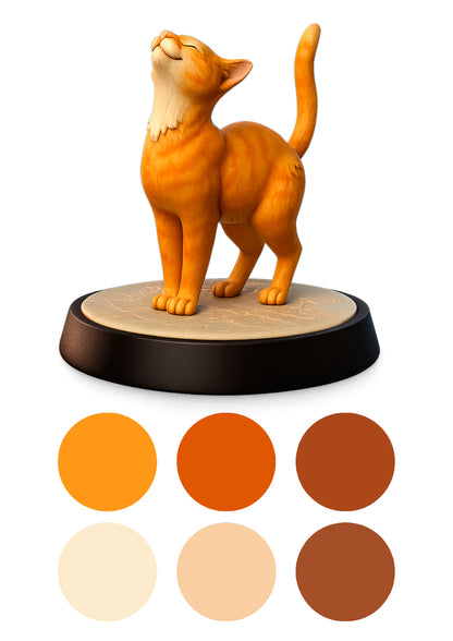 Cat figurine on a wooden base with color swatches below