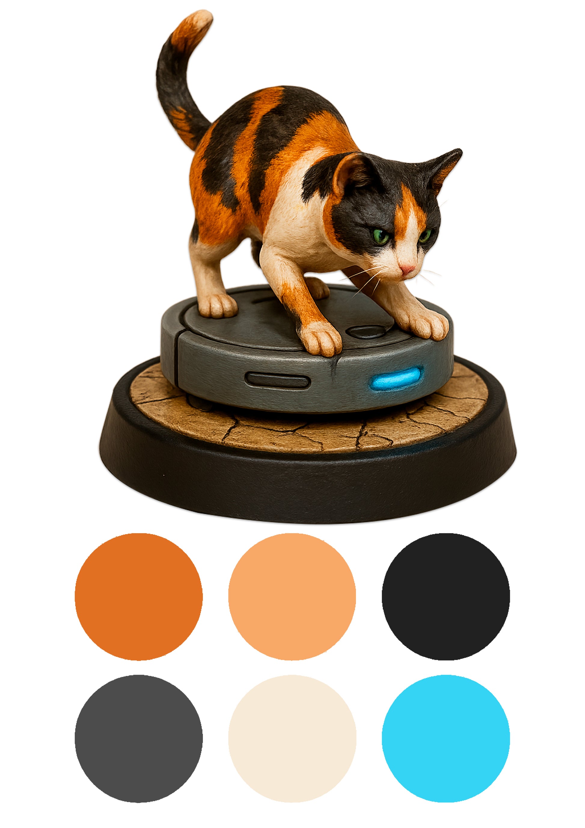 a cat stood atop a robot vacuum on a white background with colour swatches underneath