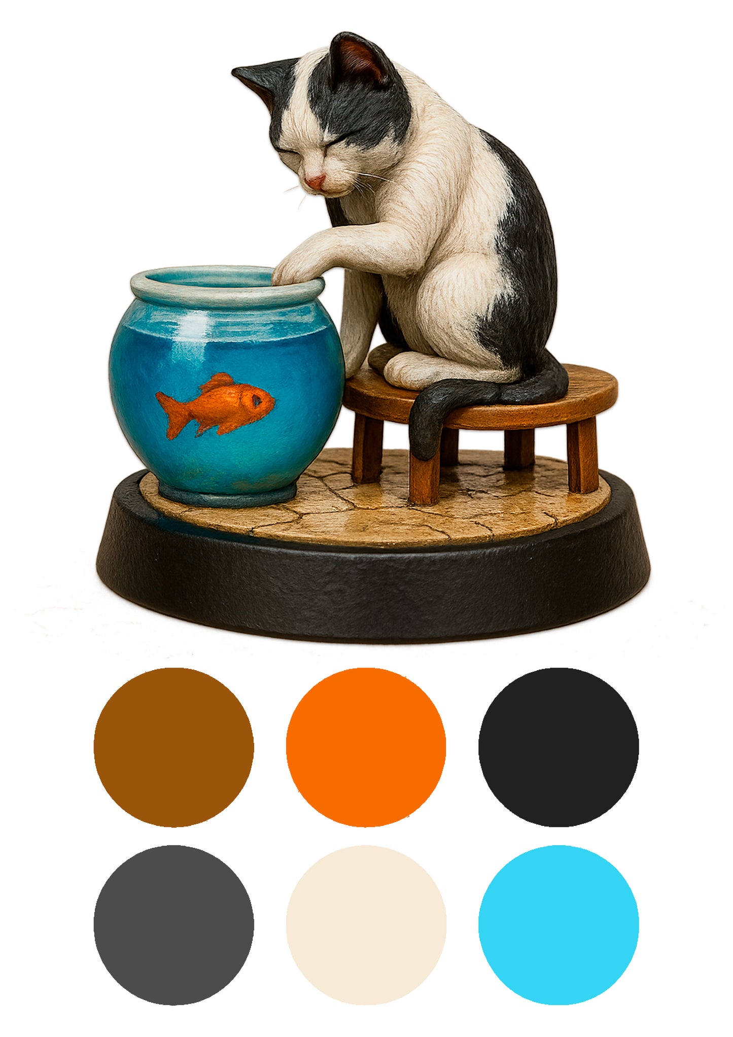 a cat fishing in a fish bowl on a stool with a white background and colour swatches underneath