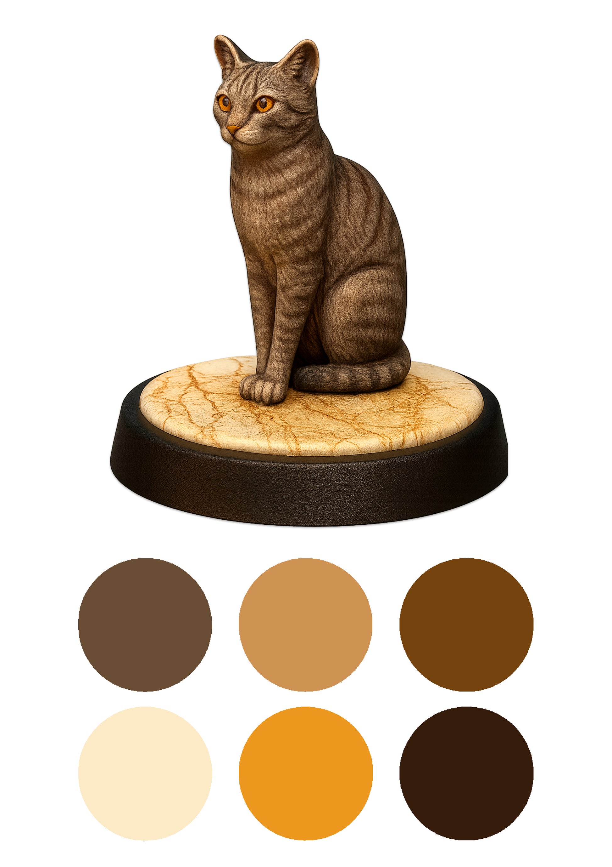 Cat-shaped urn on a white background with color swatches below.