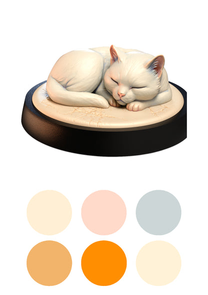 Sleeping cat figurine on a black base with color swatches below