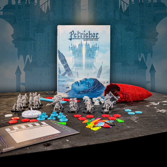 A tabletop display of a tabletop wargaming set, featuring the 'Petrichor Blood Rune Card' rulebook, unpainted white plastic miniatures, red and blue tokens, a red fabric bag, and a digital timer pad, set against a dark fantasy castle backdrop.