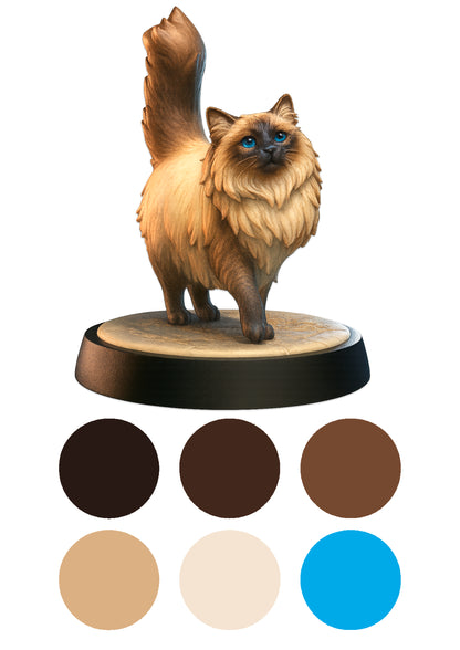 Cat figurine on a stand with color swatches below