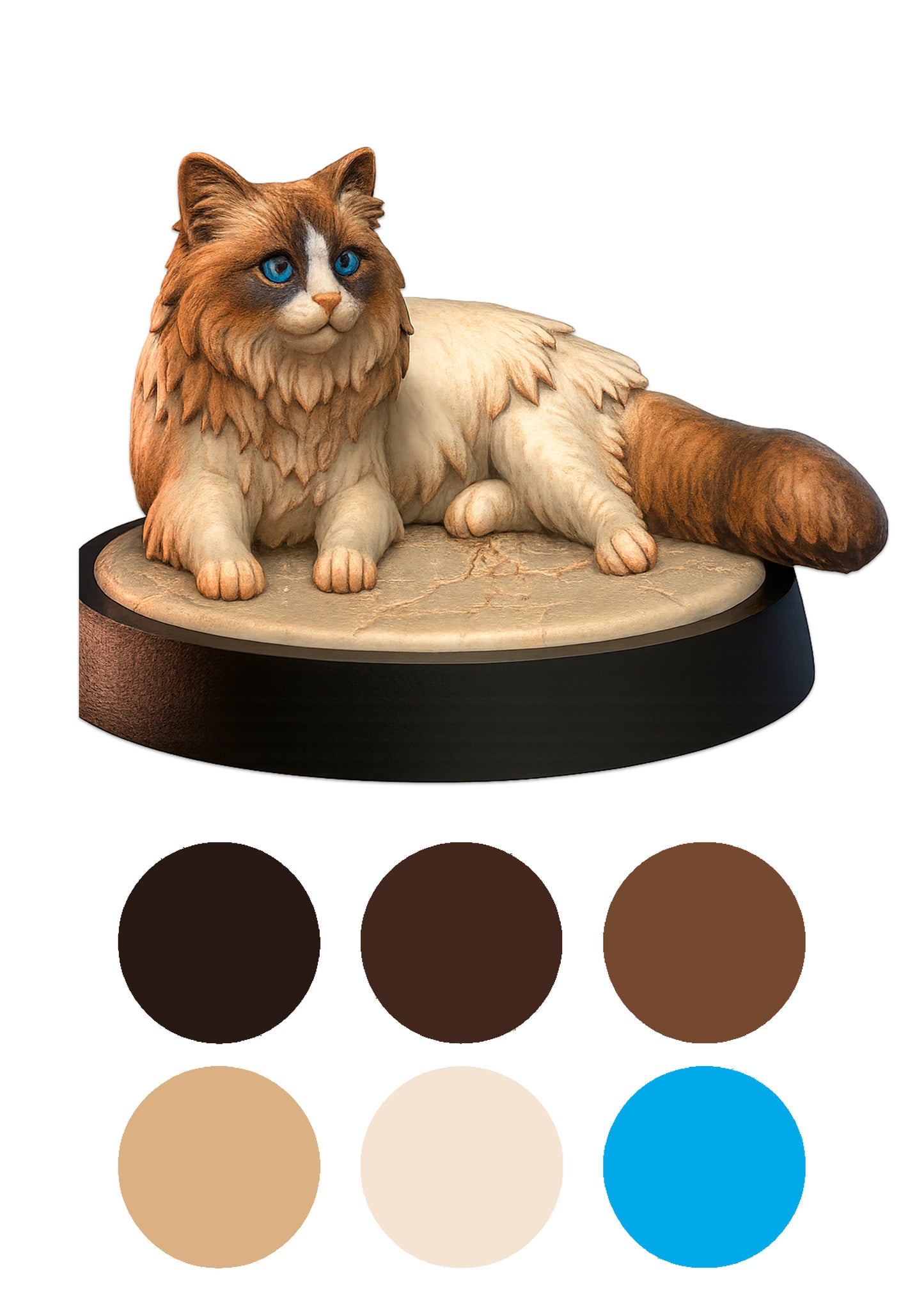 Cat figurine on a wooden base with color swatches below