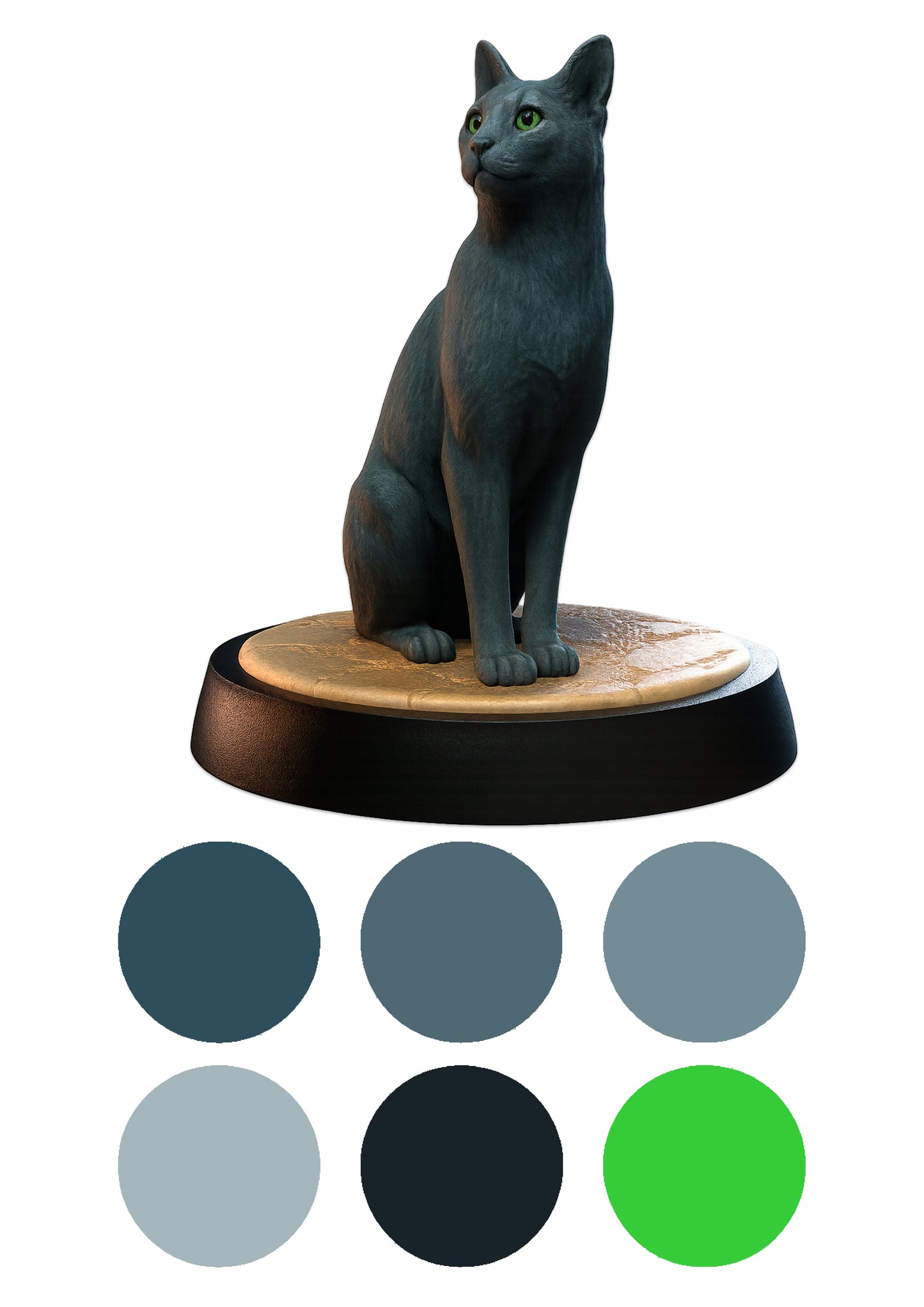 Cat figurine on a wooden base with color swatches below
