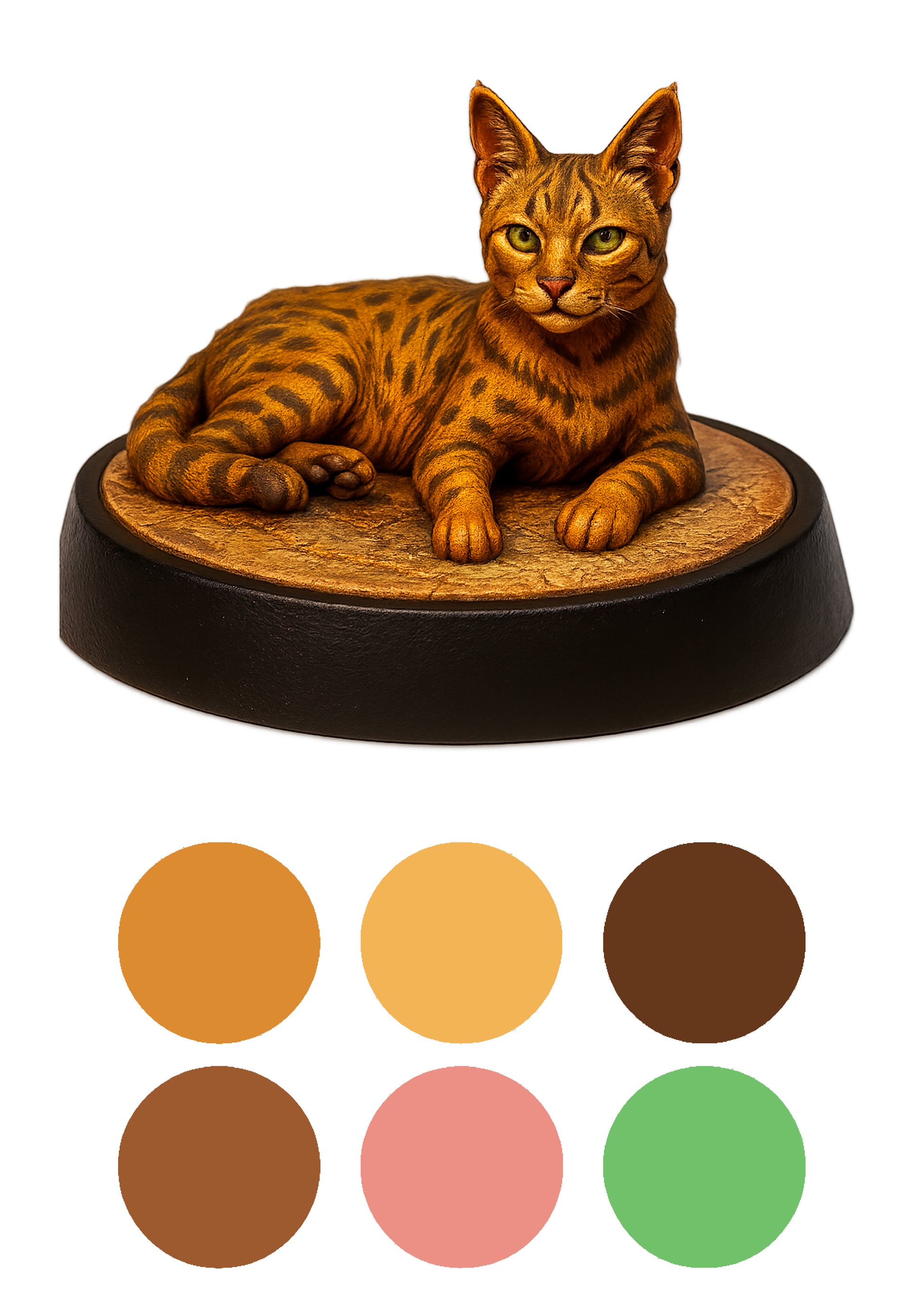 Cat figurine on a round base with color swatches below