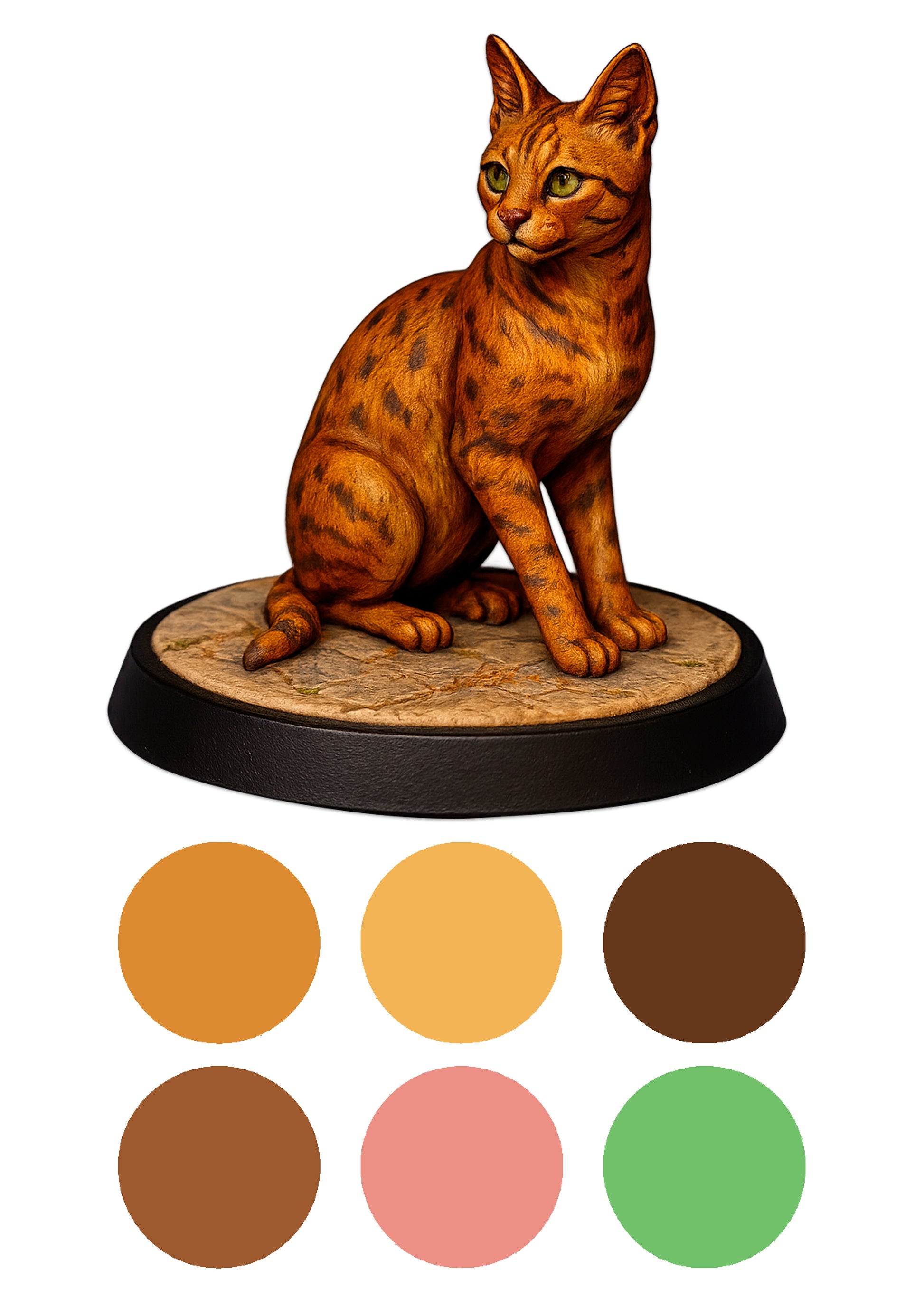 Cat figurine on a wooden base with color swatches below