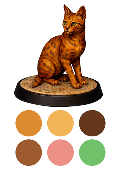 Cat figurine on a wooden base with color swatches below