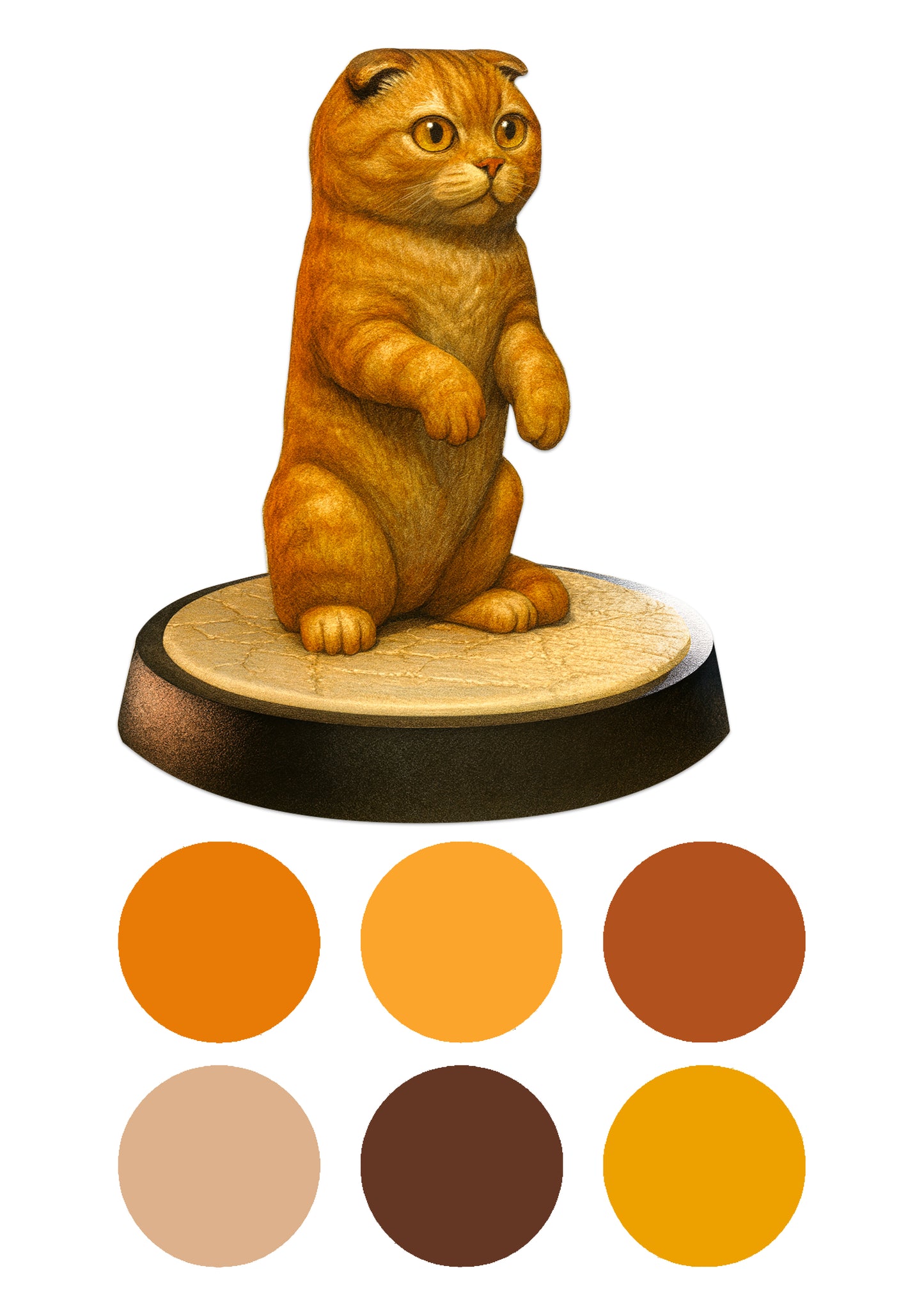 Cat figurine on a wooden base with color swatches below