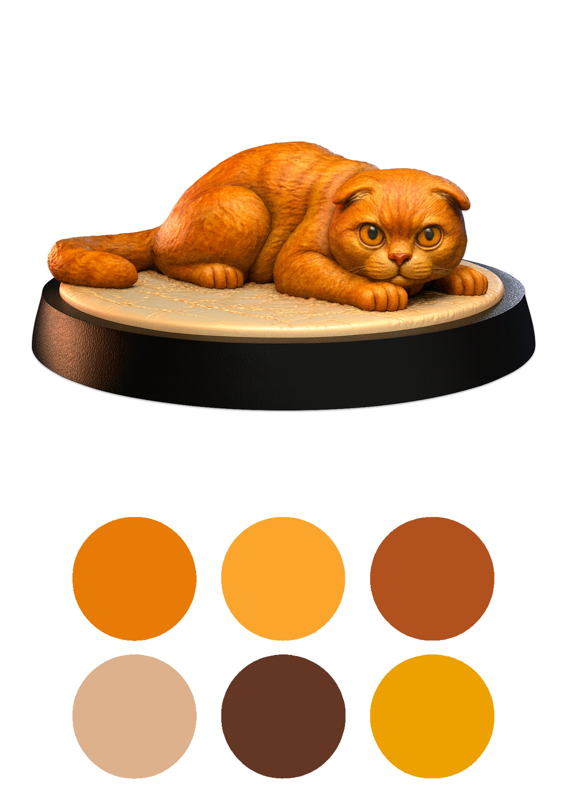 Cat-shaped decorative item on a round base with color swatches below