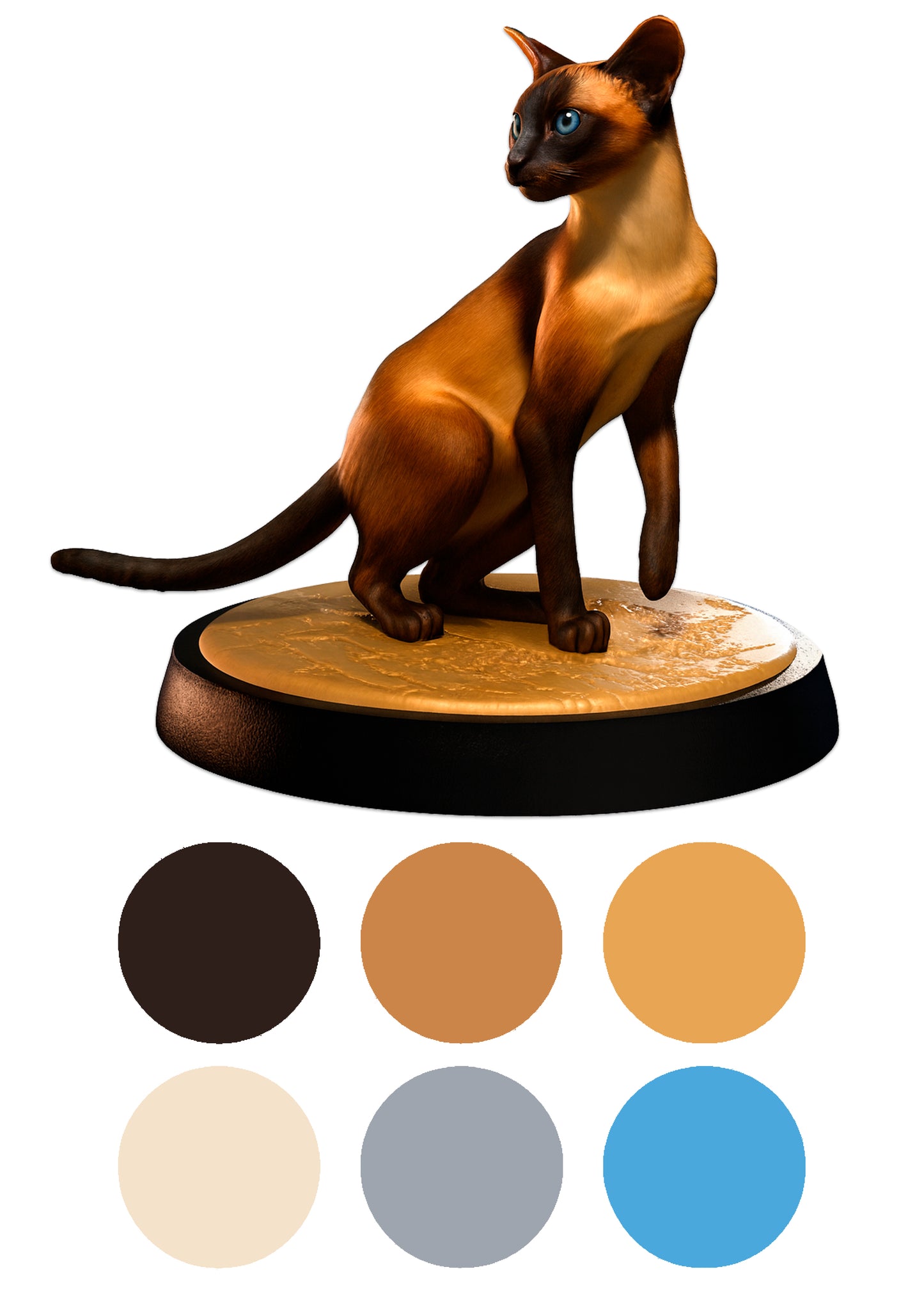Cat figurine on a wooden base with color swatches below