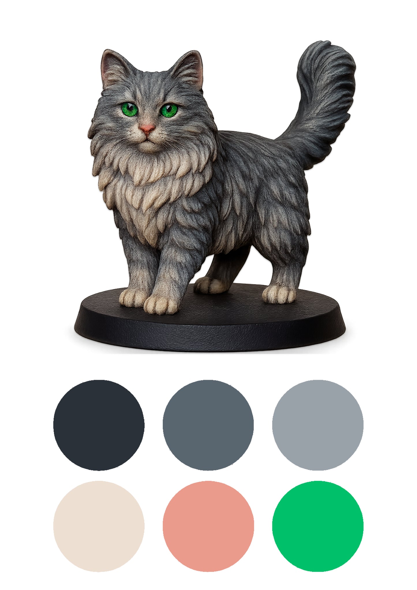 Cat figurine with color swatches below on a white background