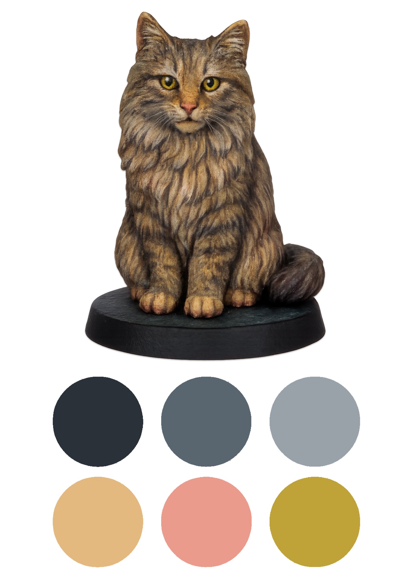 Cat figurine on a white background with color swatches below