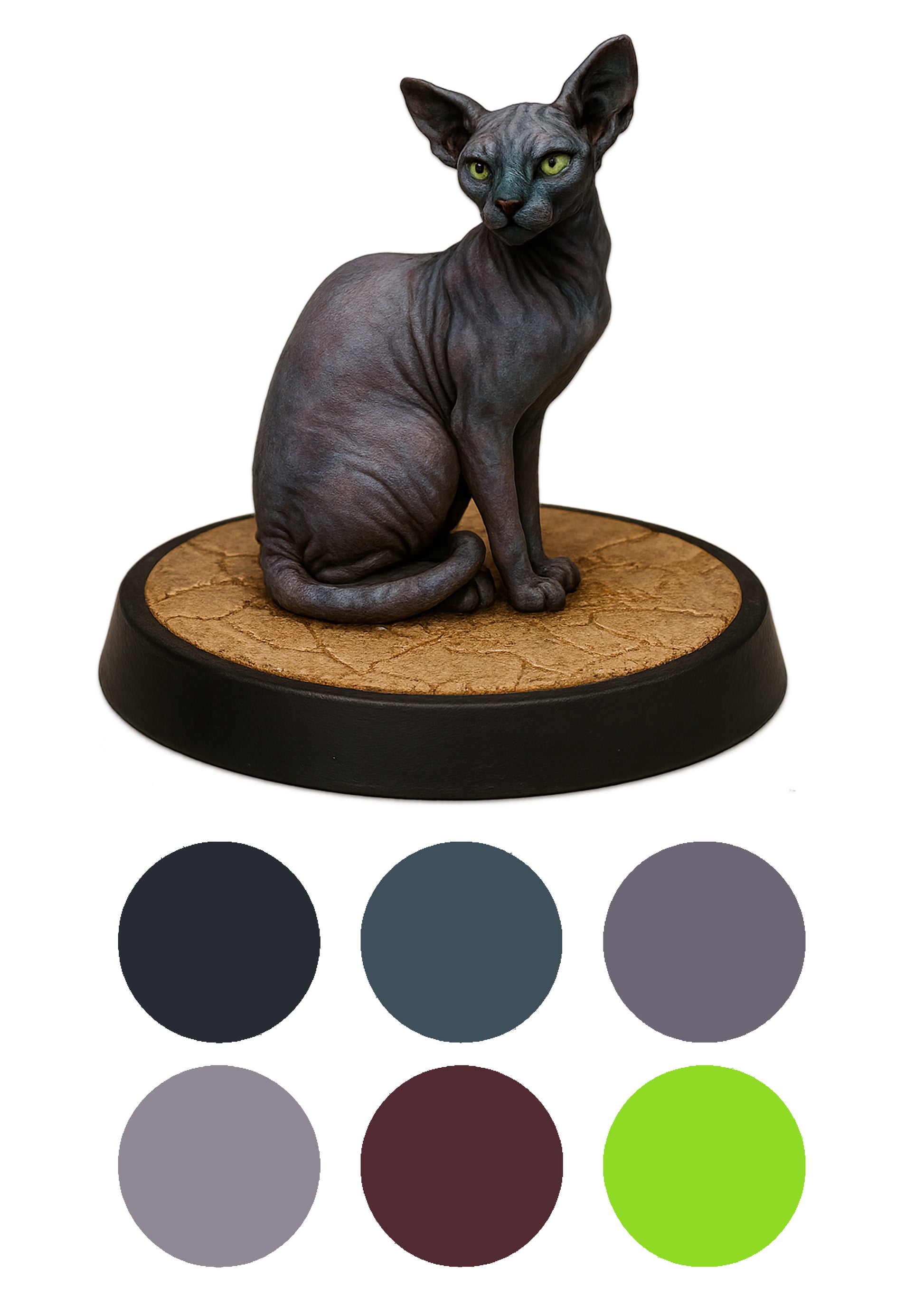 Statue of a gray cat on a wooden base with color swatches below.