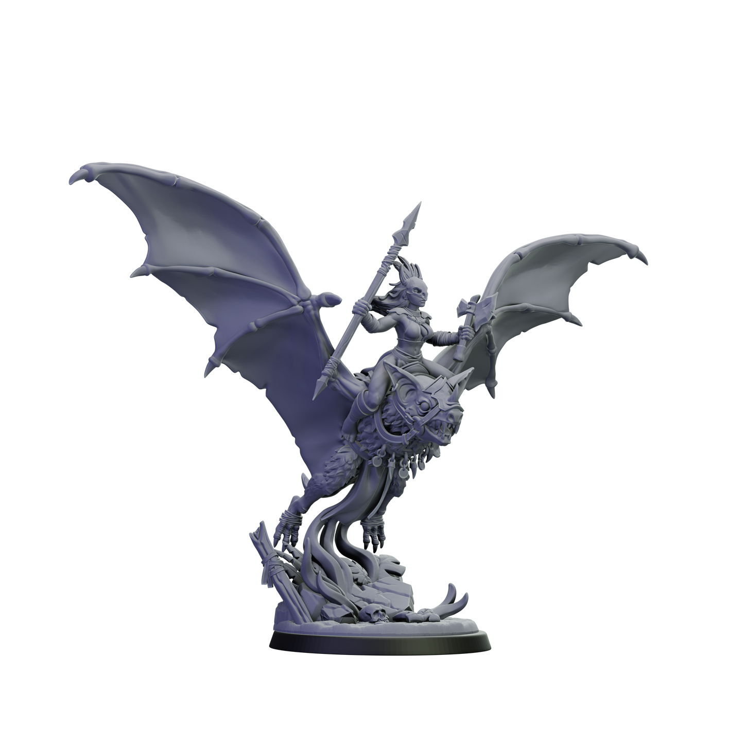 Gray dragon and rider figurine on a white background