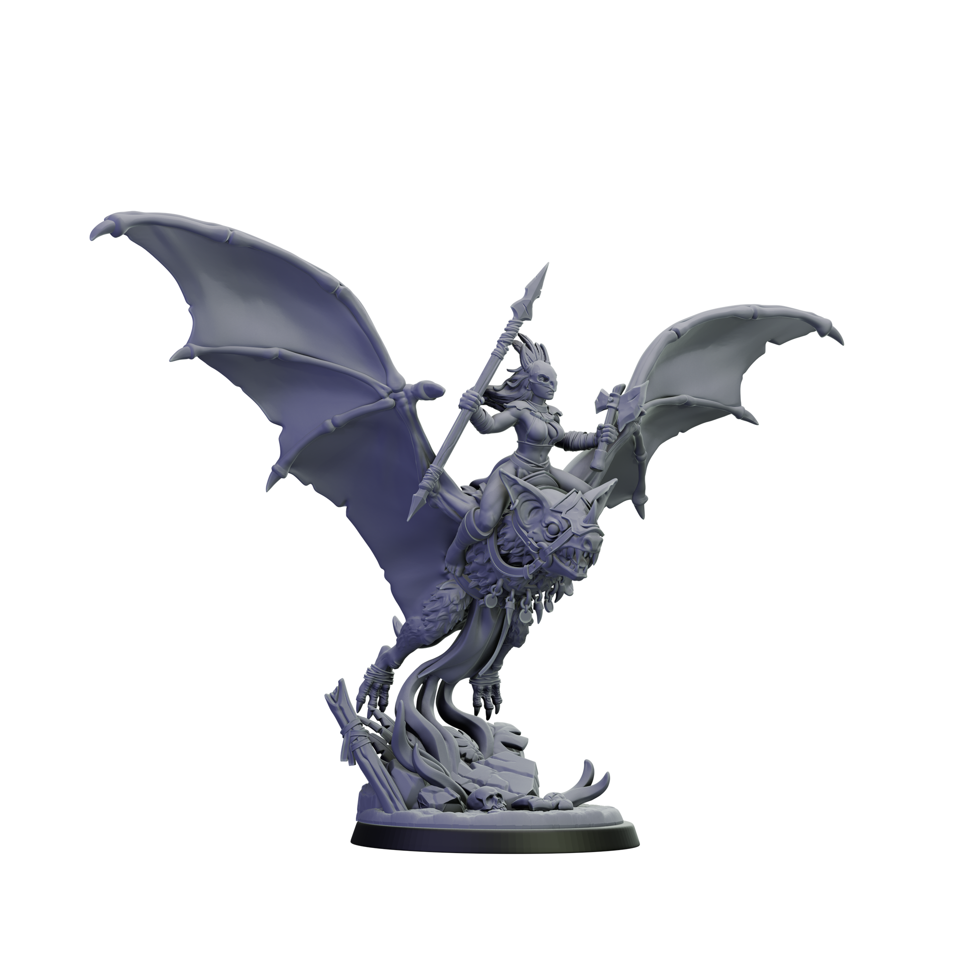 Gray dragon and rider figurine on a white background