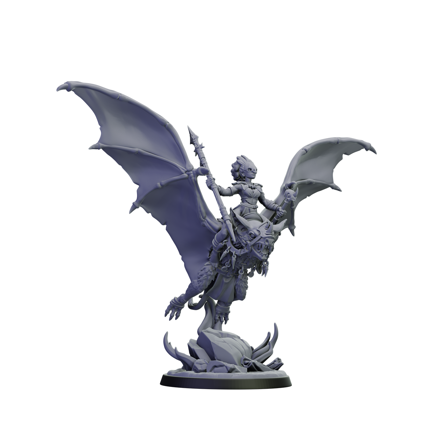 Gray dragon and rider figurine on a white background