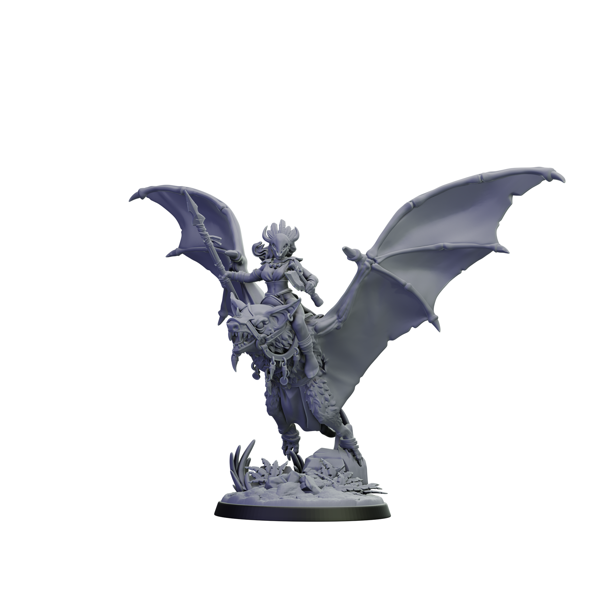 Fantasy figurine of a dragon and rider on a white background