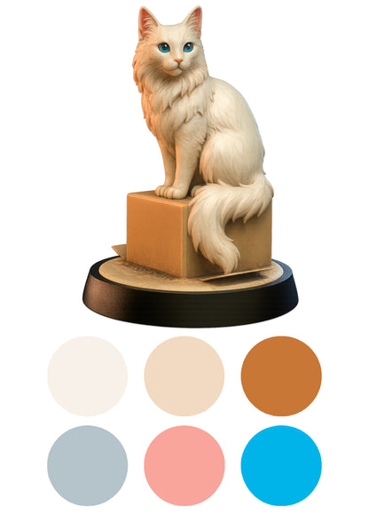 Cat figurine on a pedestal with color swatches below