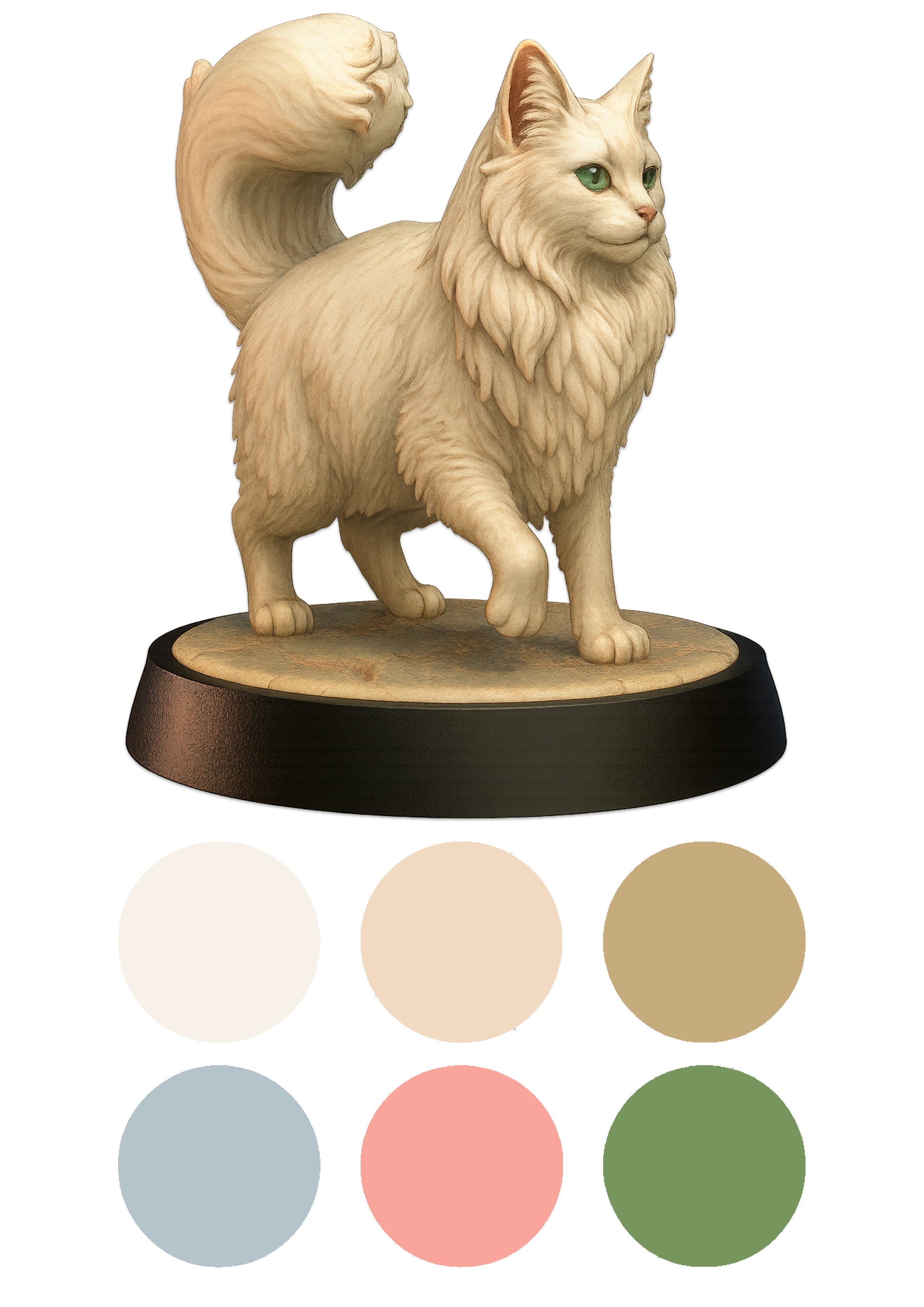 Cat figurine on a wooden base with color swatches below