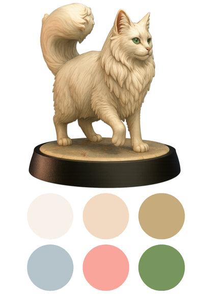 Cat figurine on a wooden base with color swatches below