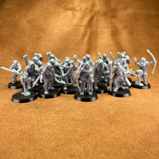 19 resin 28mm male and female medieval archers on plastic bases miniatures 
