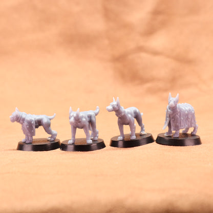 Four white dog figurines on black bases against a beige background
