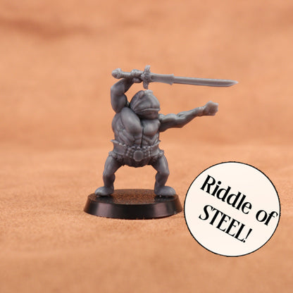 A gray unpainted fantasy warrior miniature holding a sword above its head, standing on a round black base against a warm tan textured background. A white circular badge with the text 'Riddle of STEEL!' is overlaid in the lower right.