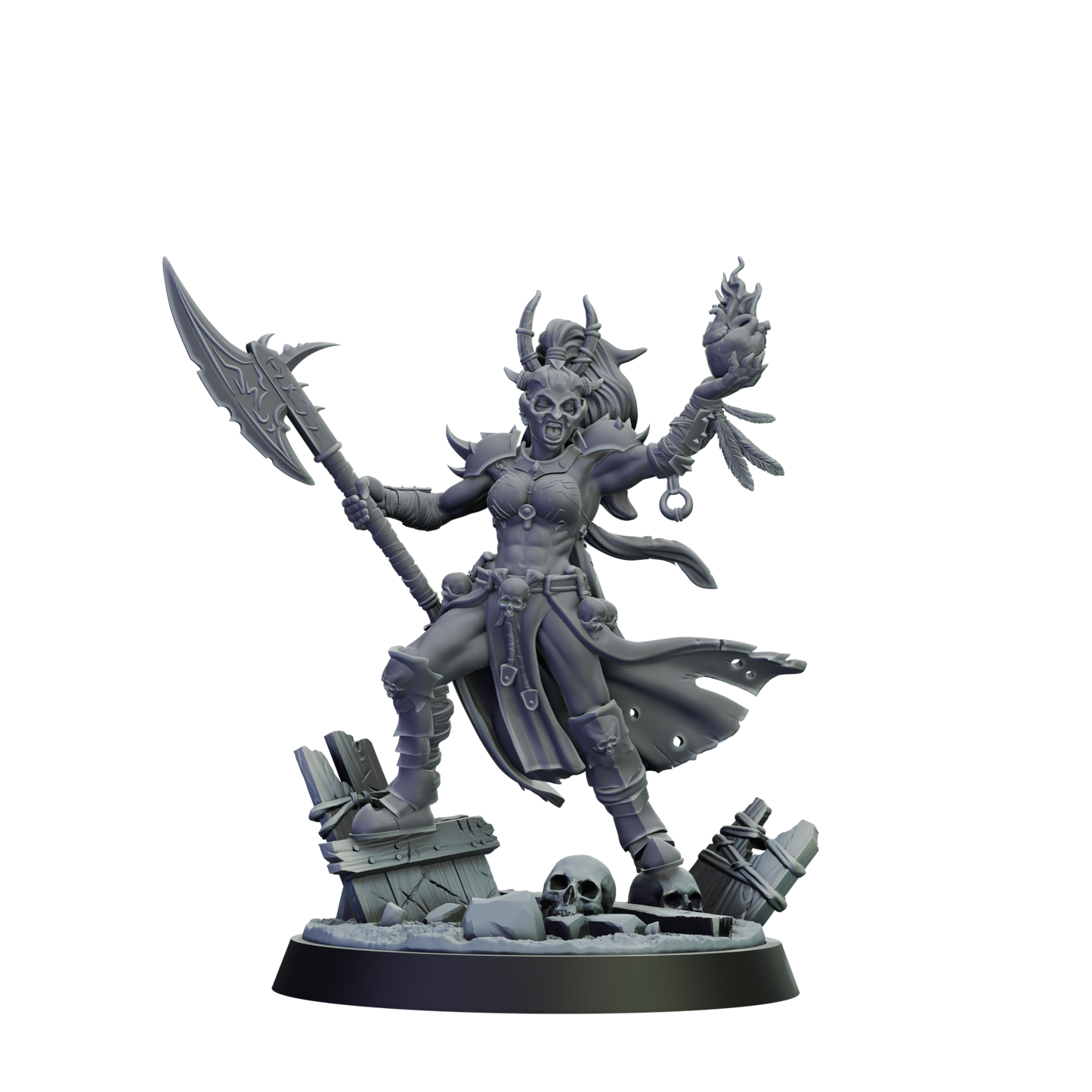 Gray fantasy figurine with a weapon on a white background