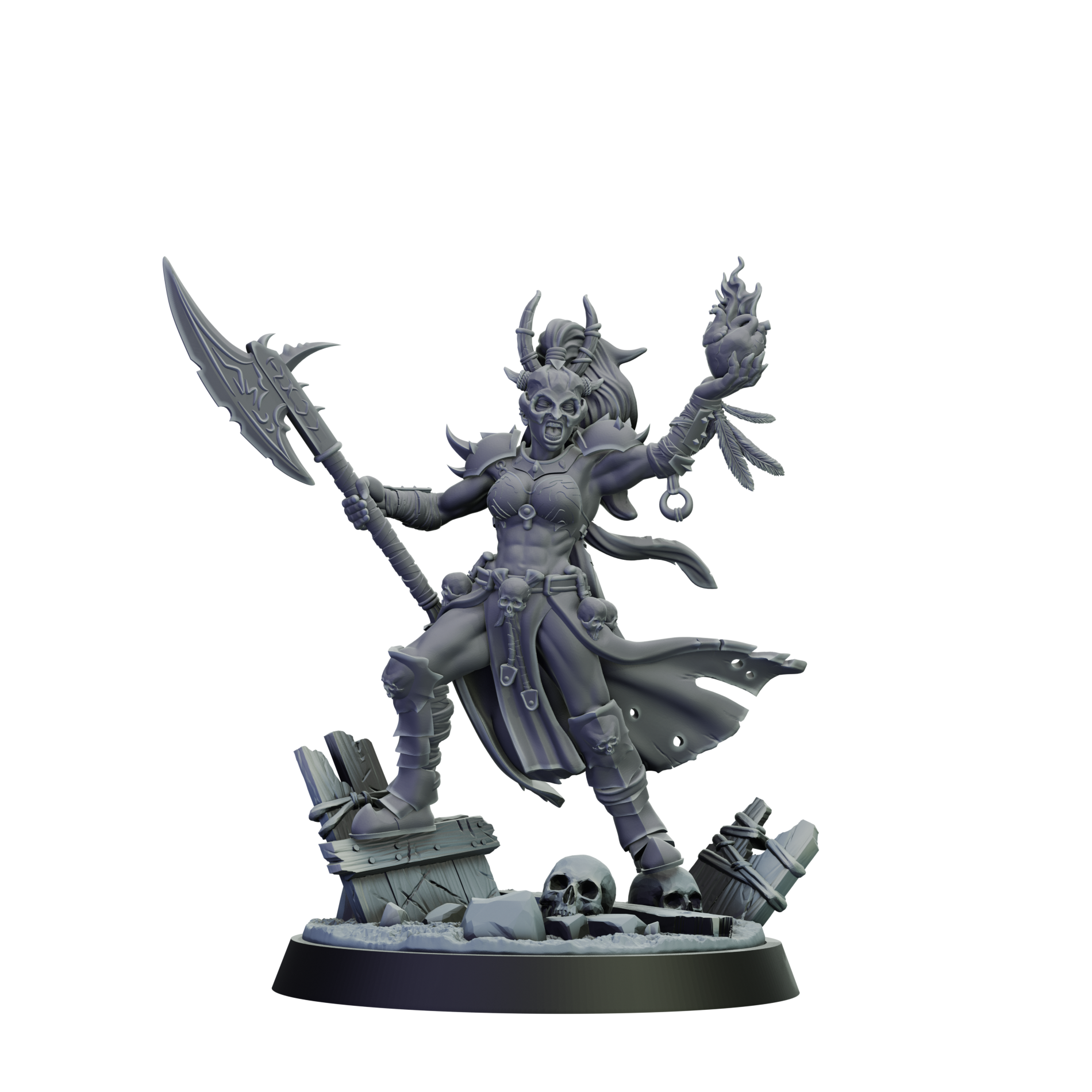 Gray fantasy figurine with a weapon on a white background