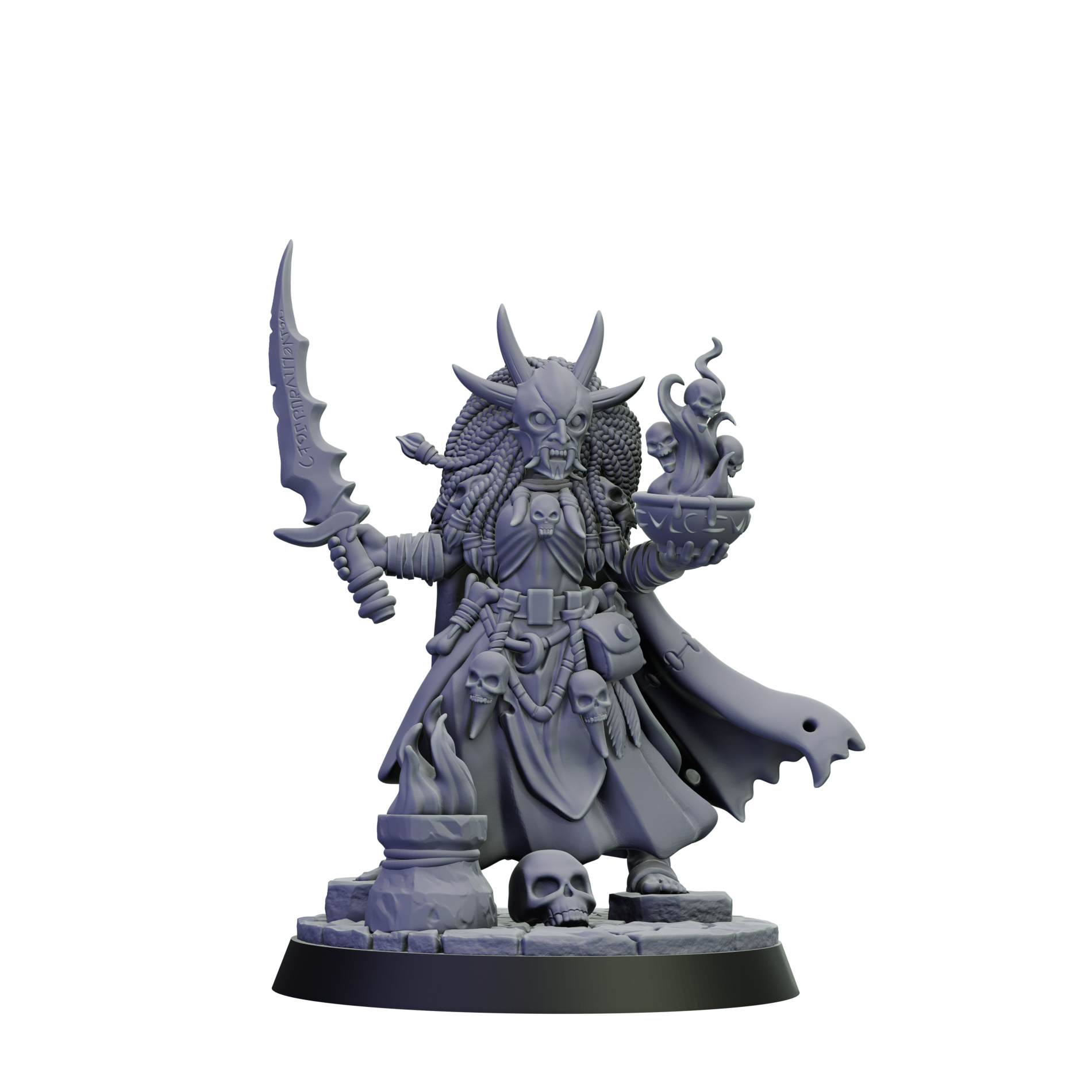 Gray fantasy figurine with armor and weapon on a white background