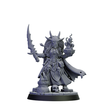 Gray fantasy figurine with armor and weapon on a white background