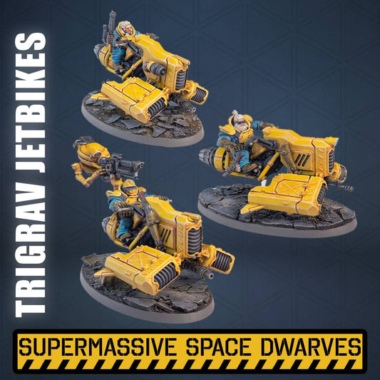 three space dwarves sat on hover bikes with machine guns and weapon emplacements