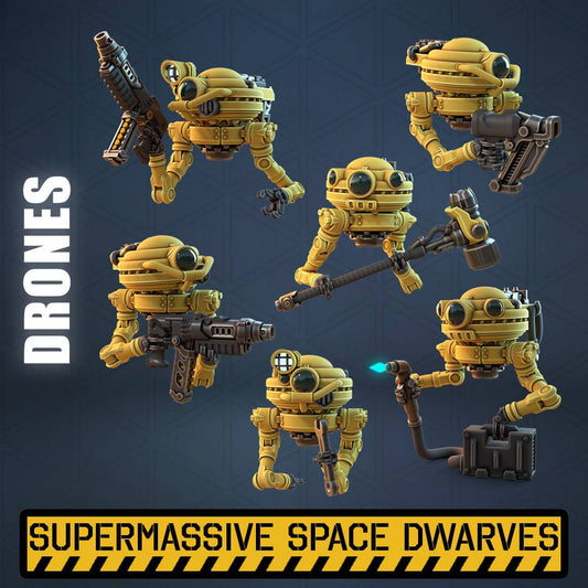Space Dwarf 32mm scale resin drones holding various tools and weapons miniature model